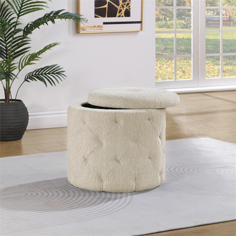 Erindale Round Storage Ottoman in Linen Cream Fabric