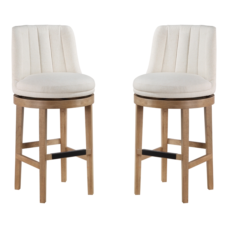 Rowan 2-Pack Swivel Barstool in Linen White Fabric  with Medium Oak legs