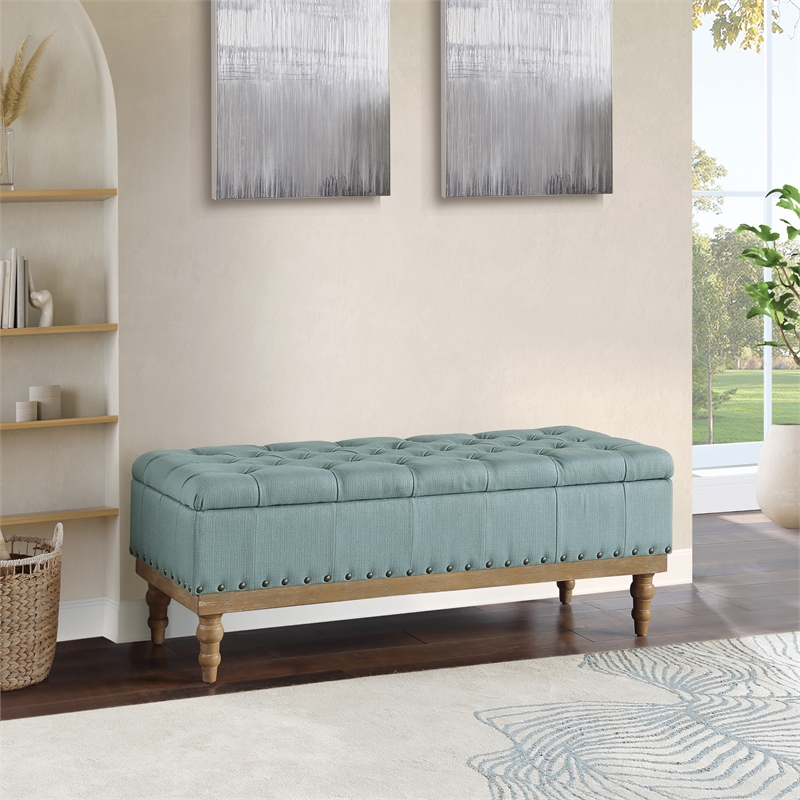 Landis Storage Bench in Sea Blue Fabric and Brushed Legs