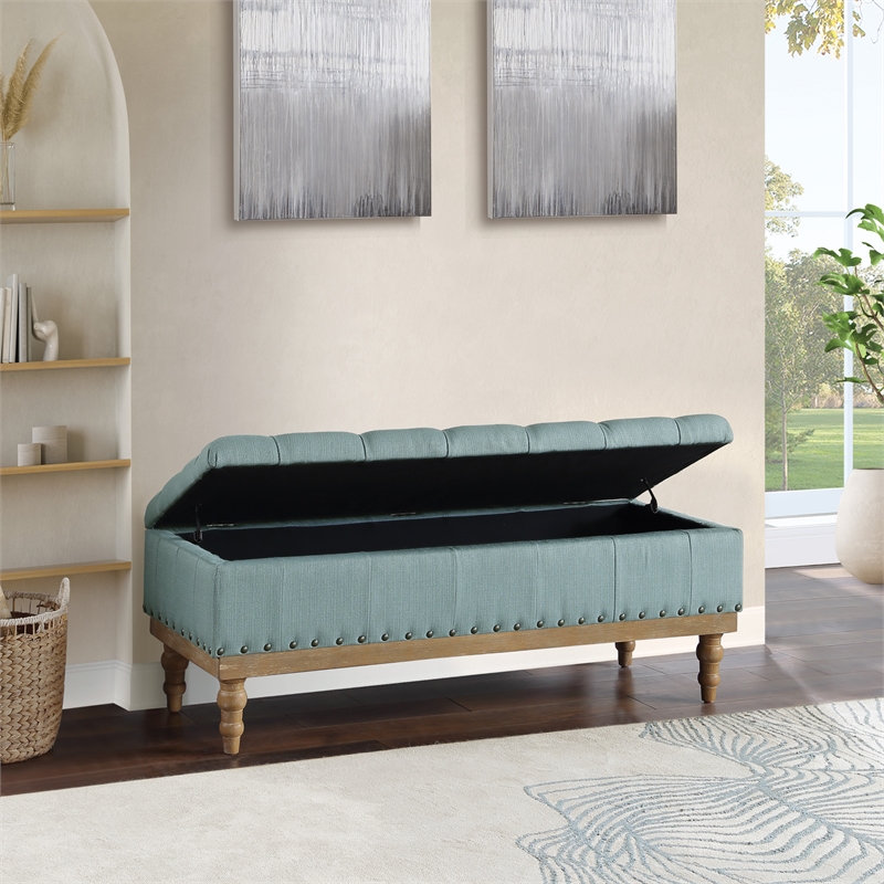 Landis Storage Bench in Sea Blue Fabric and Brushed Legs