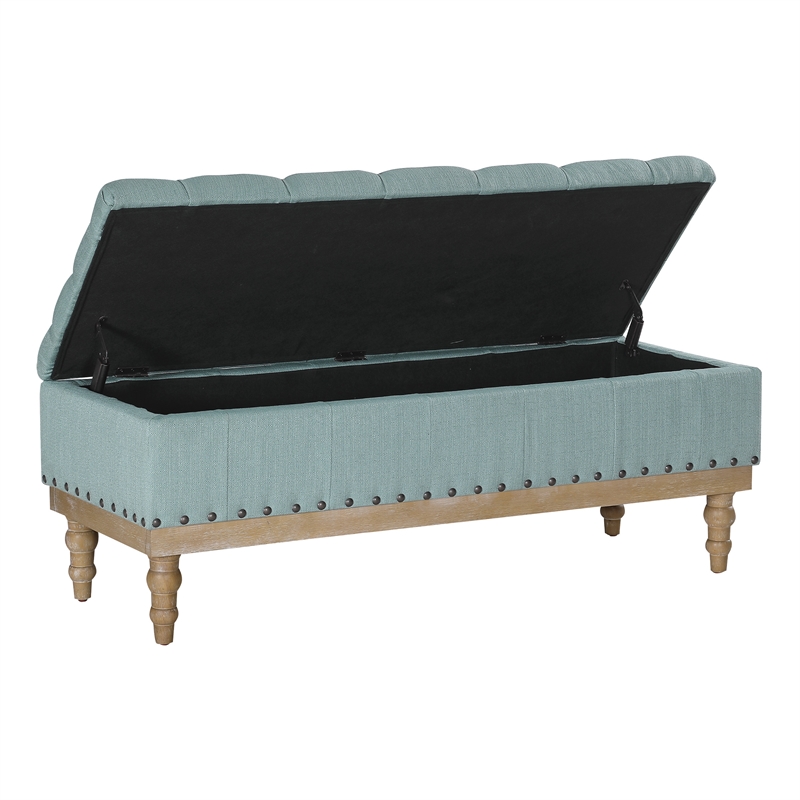 Landis Storage Bench in Sea Blue Fabric and Brushed Legs