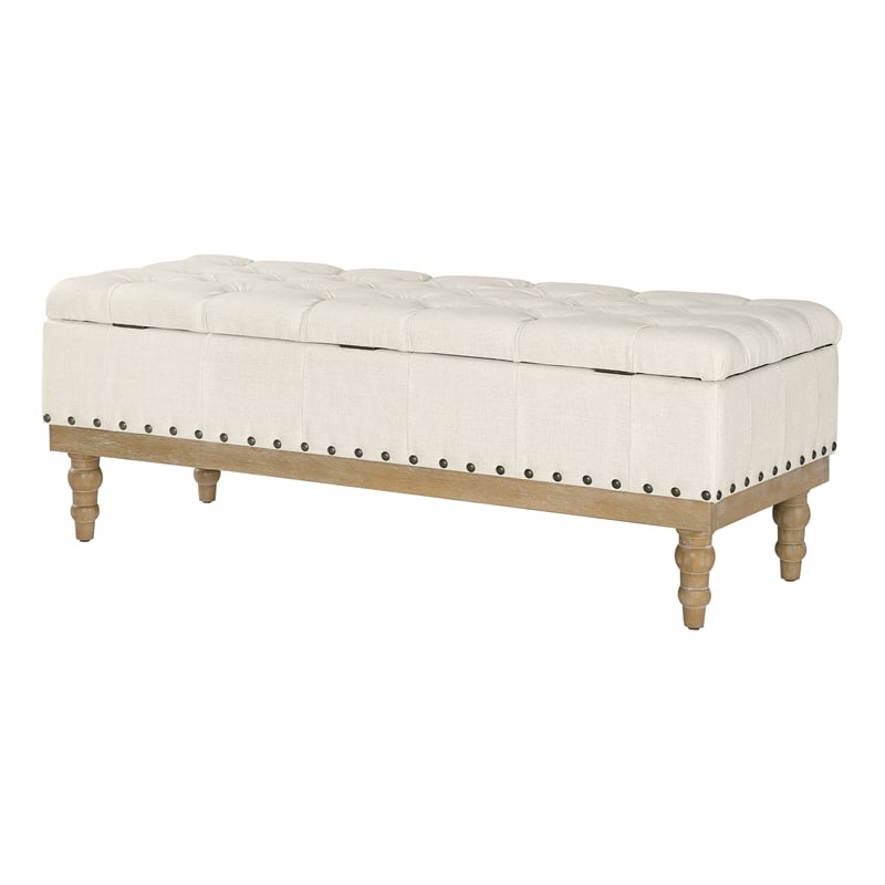 Landis Storage Bench in Linen White Fabric and Brushed Legs