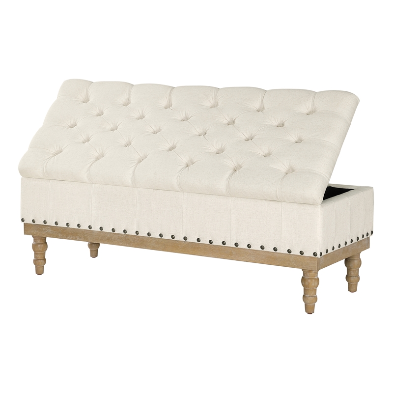 Landis Storage Bench in Linen White Fabric and Brushed Legs