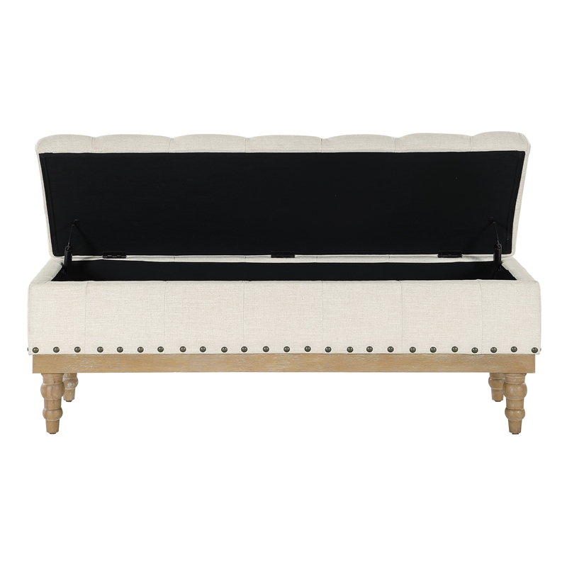 Landis Storage Bench in Linen White Fabric and Brushed Legs