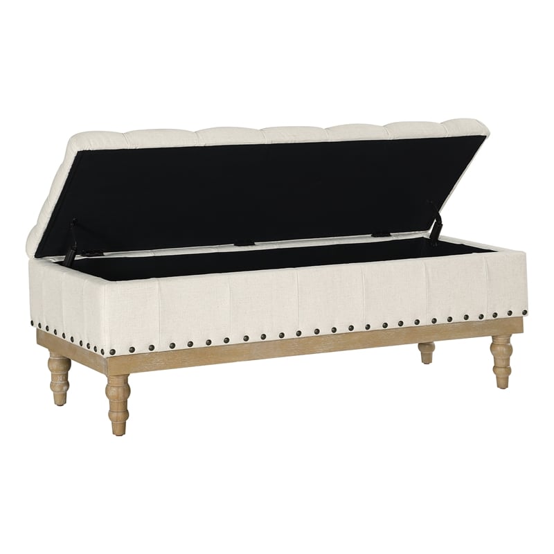 Landis Storage Bench in Linen White Fabric and Brushed Legs