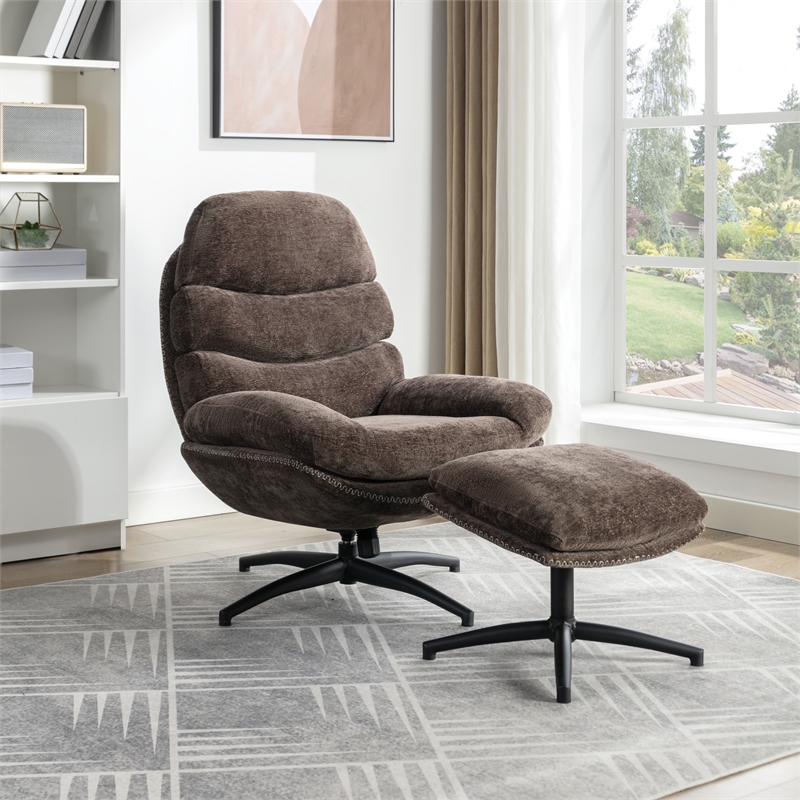 Kerry Swivel Lounge Chair & Footrest in Brown Fabric and Black Base