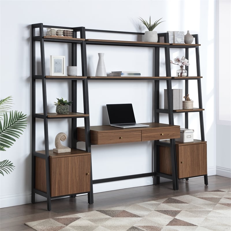 Lancaster Desk and Bookcase with 3 piece Wall System in Walnut Engineered Wood