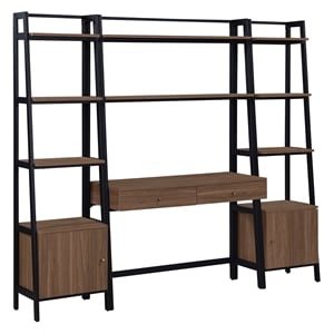 Lancaster Desk and Bookcase with 3 piece Wall System in Walnut Engineered Wood