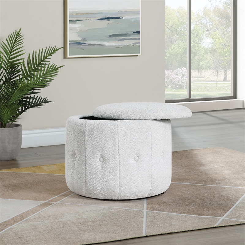 Brayfield Storage Ottoman in Sherpa Parchment Off White Fabric