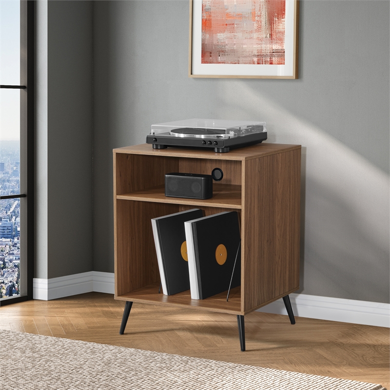 Retro Record Player Stand with Album Storage in Engineered Wood Walnut Finish