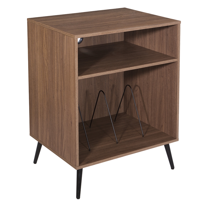Retro Record Player Stand with Album Storage in Engineered Wood Walnut Finish