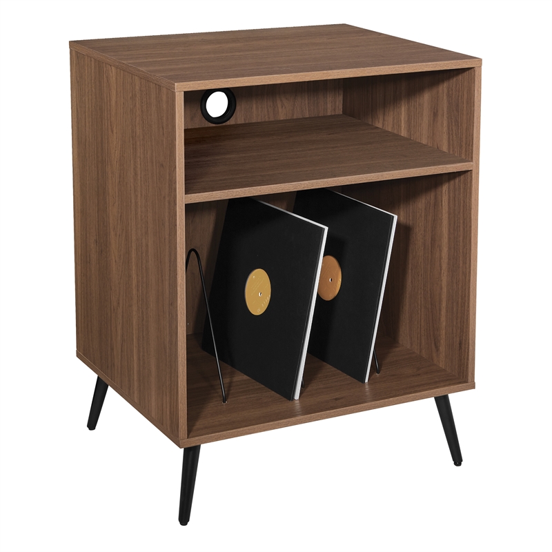 Retro Record Player Stand with Album Storage in Engineered Wood Walnut Finish