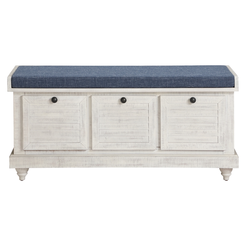 Dover Storage Bench in Wood Distress White with Navy Fabric Cushion ASM