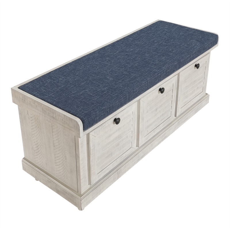 Dover Storage Bench in Wood Distress White with Navy Fabric Cushion ASM