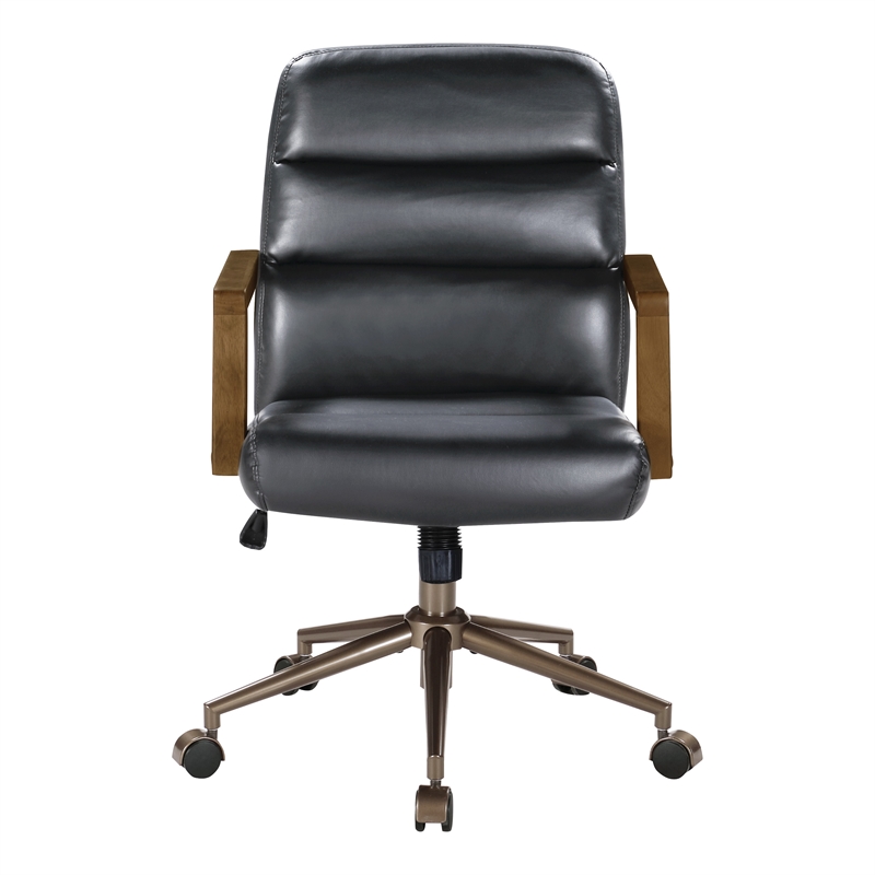 Henfield Office Chair- Black Faux Leather with Dark Wood Arms