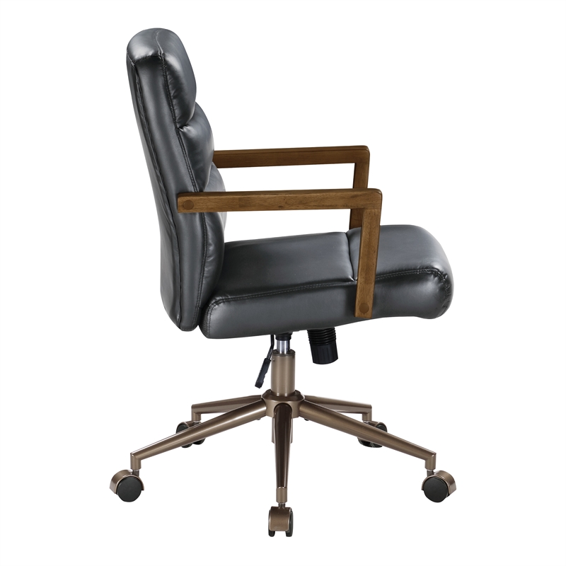Henfield Office Chair- Black Faux Leather with Dark Wood Arms