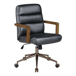 Henfield Office Chair- Black Faux Leather with Dark Wood Arms