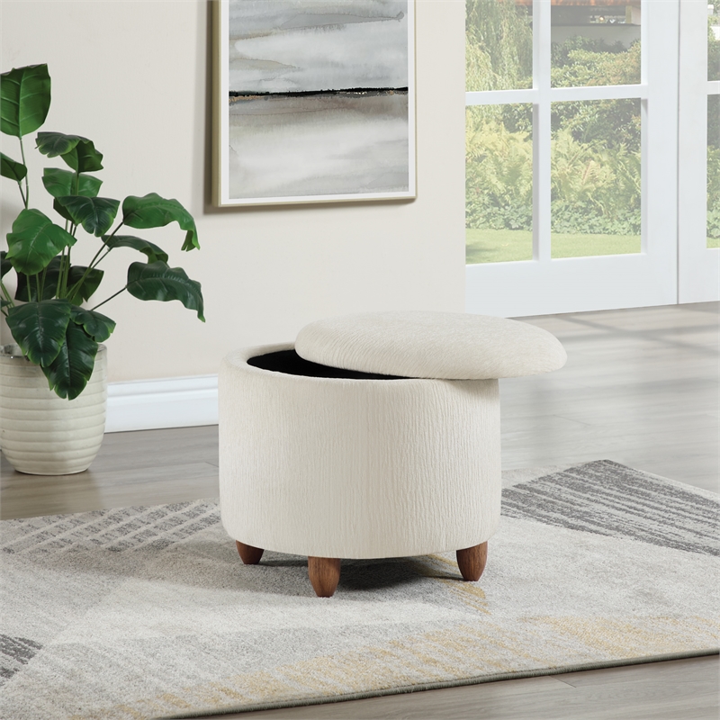 Lyra Storage Ottoman in Snow White Fabric with Medium Oak Legs