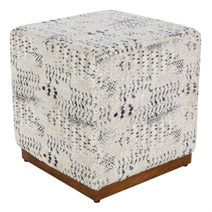 square ottoman upholstered in cotton white woven boho style tapestry