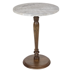 Carved White Marble Top Side Table with Solid Mango wood Base