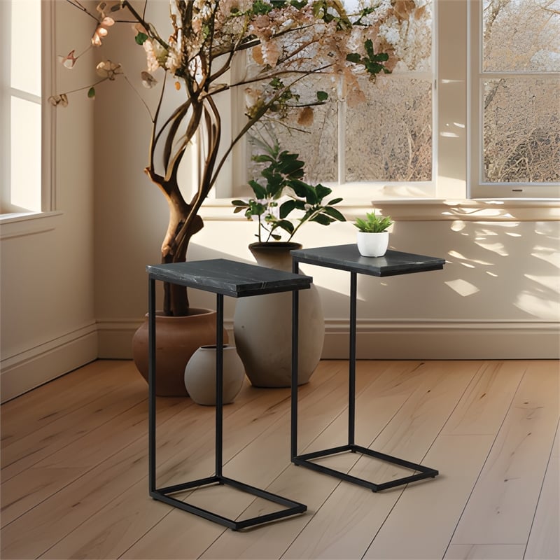 Solid Black Marble Top C-Table with Black Metal Base Set of 2