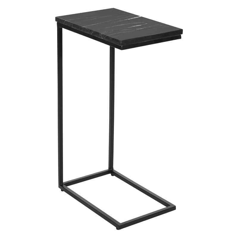 Solid Black Marble Top C-Table with Black Metal Base Set of 2