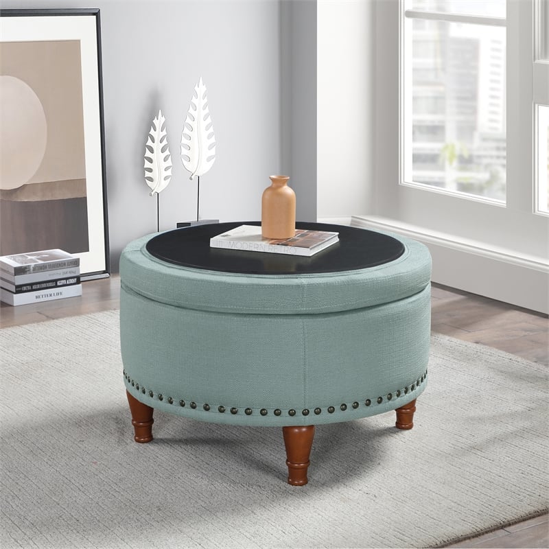 Alloway Storage Ottoman in Sea Blue Fabric with Antique Bronze Nailheads