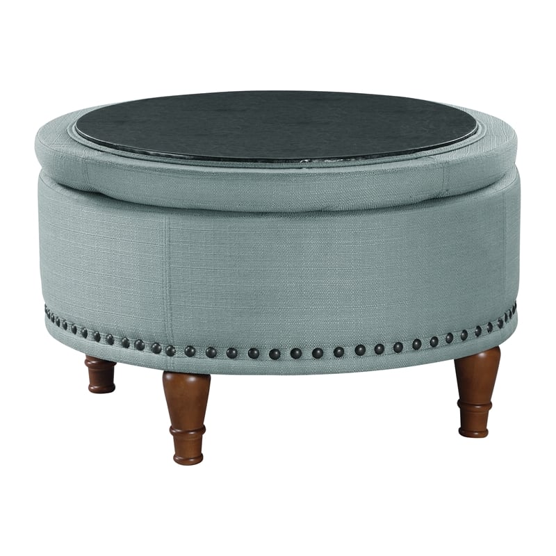 Alloway Storage Ottoman in Sea Blue Fabric with Antique Bronze Nailheads