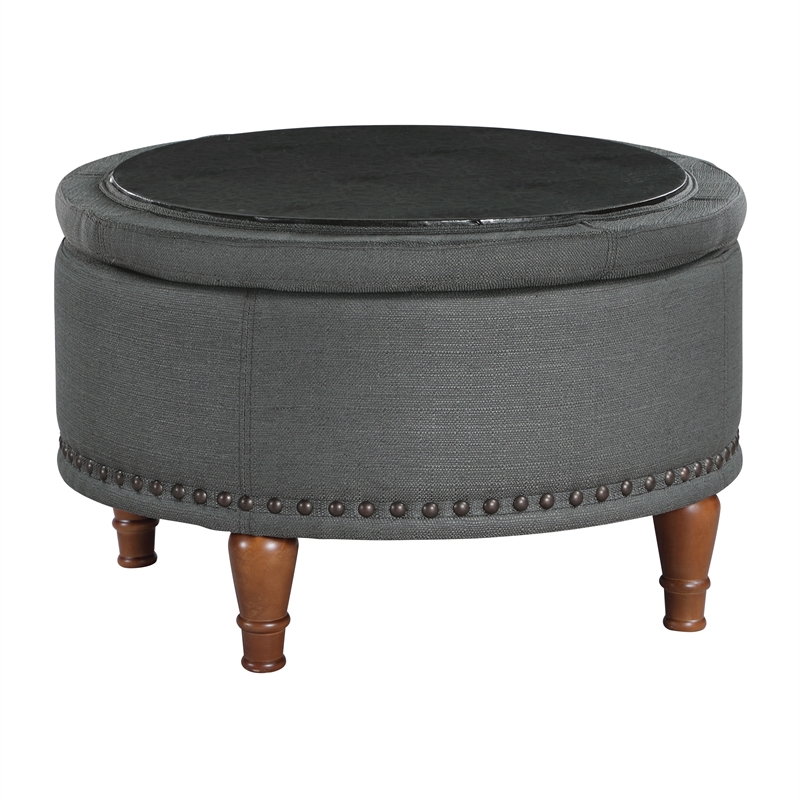 Alloway Storage Ottoman in Charcoal Fabric with Antique Bronze Nailheads