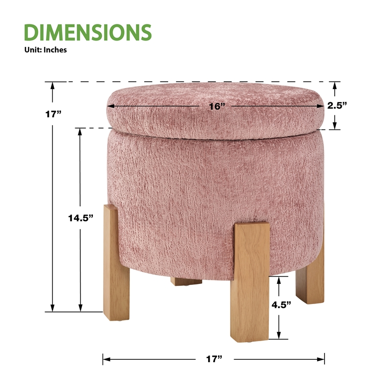 Annie Storage Ottoman in Rose Fabric with Natural Finish Legs