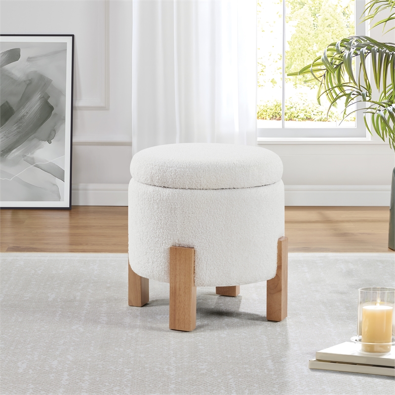 Annie Storage Ottoman in Ivory Sherpa Fabric with Natural Finish Legs