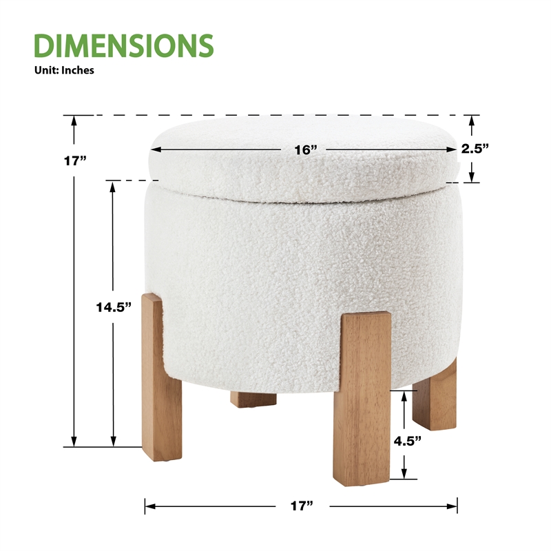 Annie Storage Ottoman in Ivory Sherpa Fabric with Natural Finish Legs