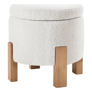 Annie Storage Ottoman in Ivory Sherpa Fabric with Natural Finish Legs