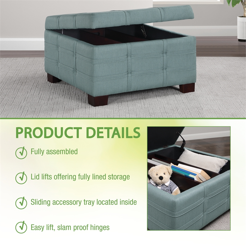Detour Strap Square Storage Ottoman in Sea Blue Fabric