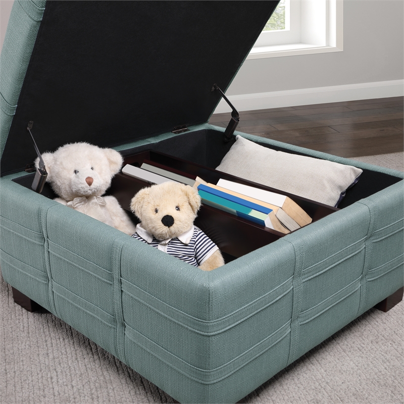Detour Strap Square Storage Ottoman in Sea Blue Fabric