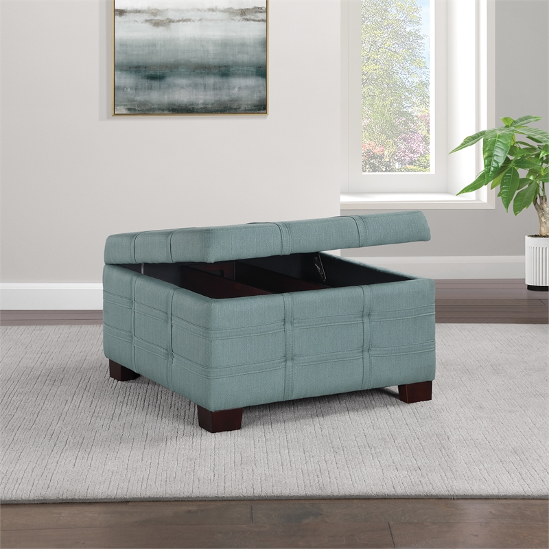 Detour Strap Square Storage Ottoman in Sea Blue Fabric