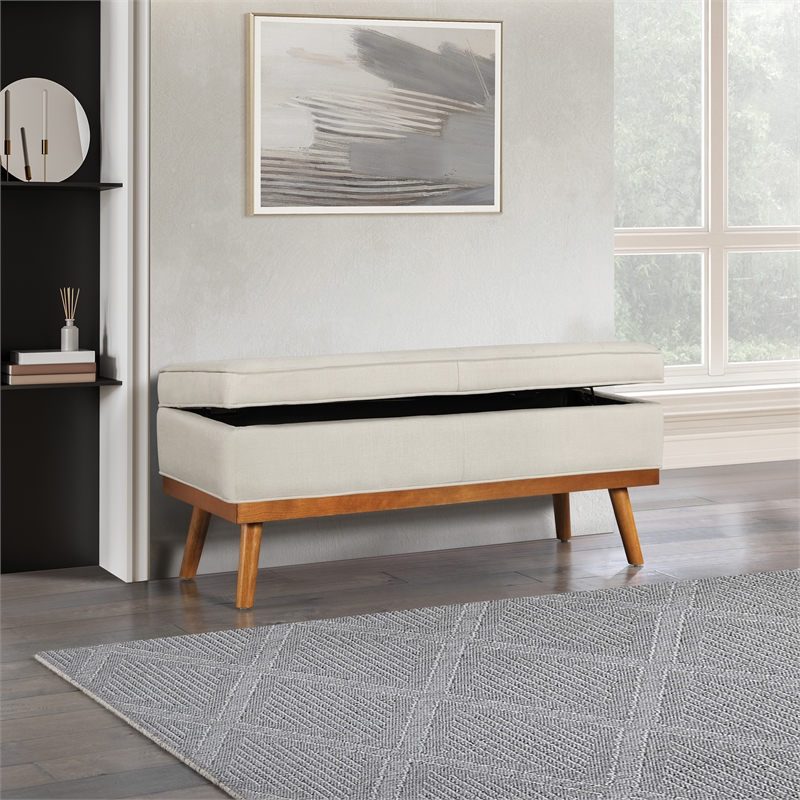 Katheryn Storage Bench in Wheat Fabric with Spice Finish Legs