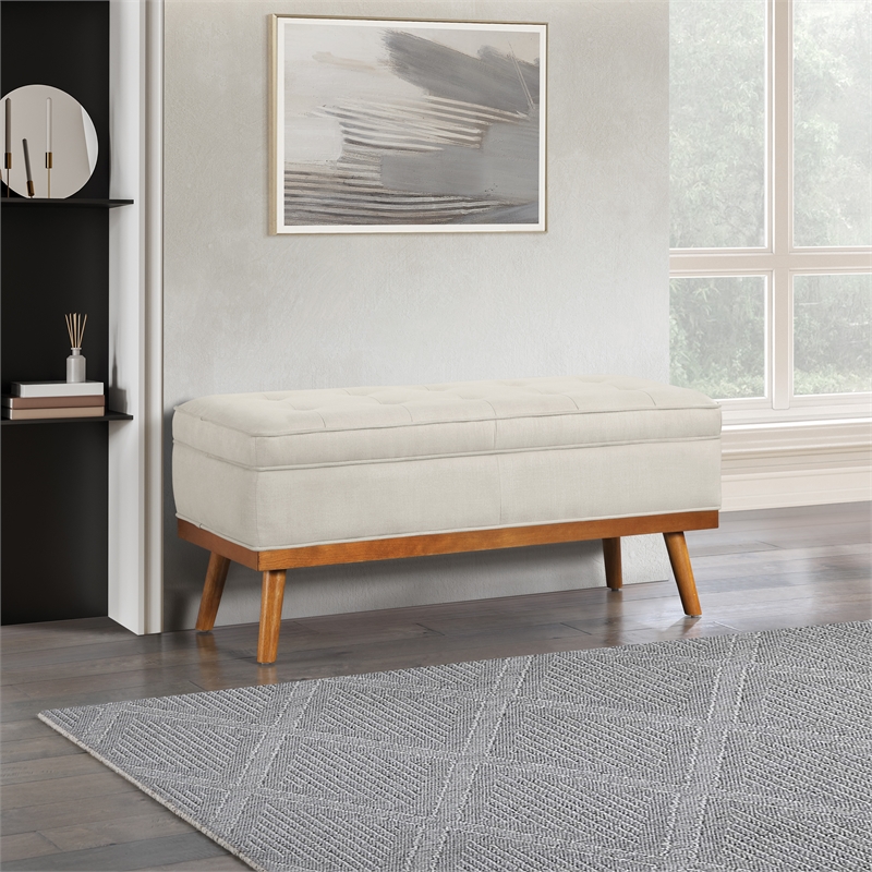 Katheryn Storage Bench in Wheat Fabric with Spice Finish Legs