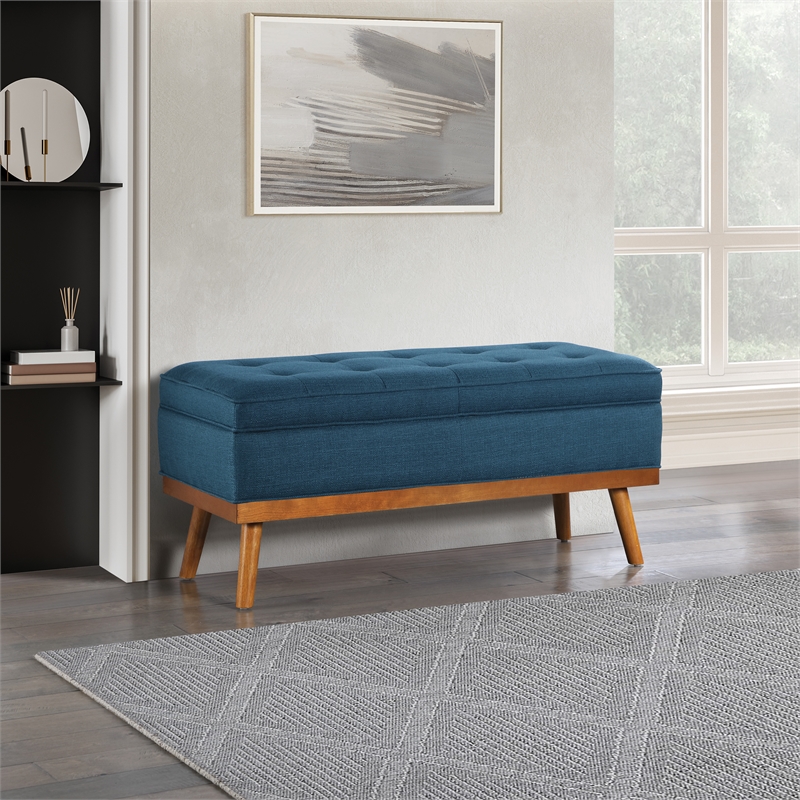 Katheryn Storage Bench in Azure Fabric with Spice Finish Legs