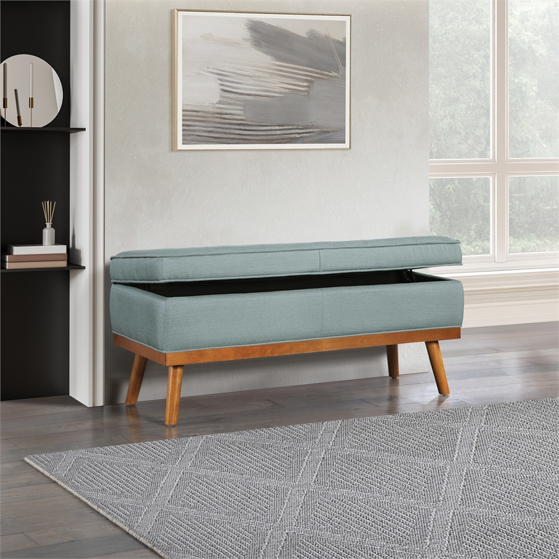 Katheryn Storage Bench in Sea Blue Fabric with Spice Finish Legs
