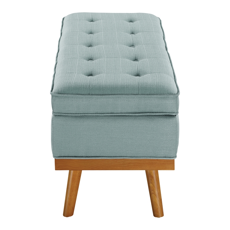 Katheryn Storage Bench in Sea Blue Fabric with Spice Finish Legs