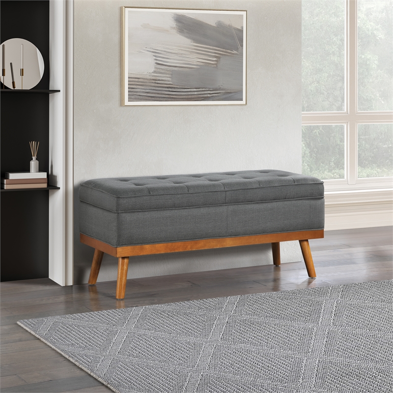 Katheryn Storage Bench in Charcoal Fabric with Spice Finish Legs