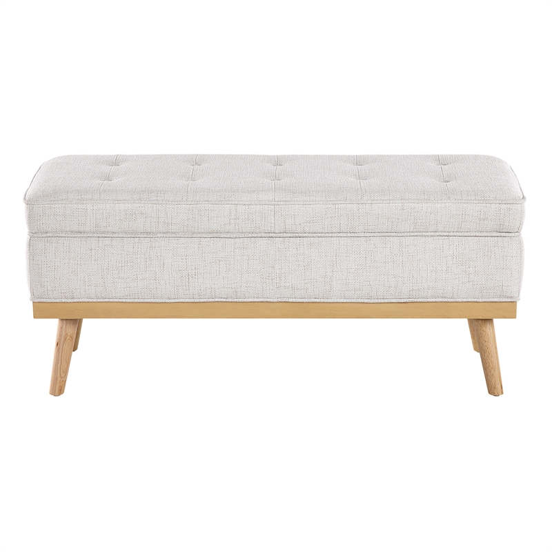 Katheryn Storage Bench in Linen White Fabric with National Wood Legs