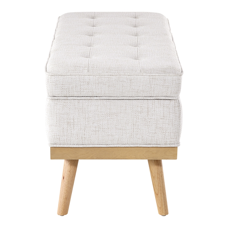 Katheryn Storage Bench in Linen White Fabric with National Wood Legs