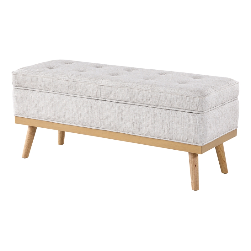 Katheryn Storage Bench in Linen White Fabric with National Wood Legs