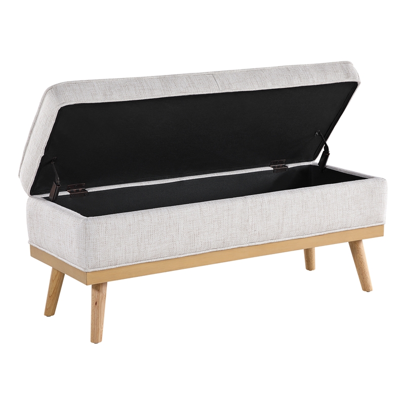Katheryn Storage Bench in Linen White Fabric with National Wood Legs