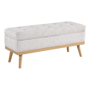 Katheryn Storage Bench in Linen White Fabric with National Wood Legs