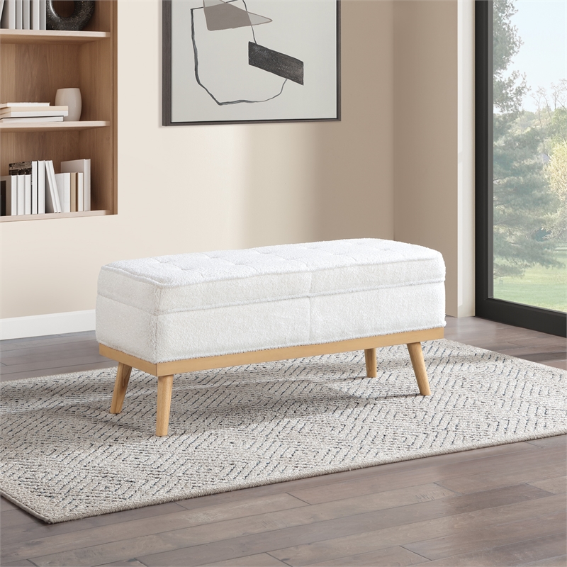 Katheryn Storage Bench in Ivory Sherpa Fabric with National Wood Legs