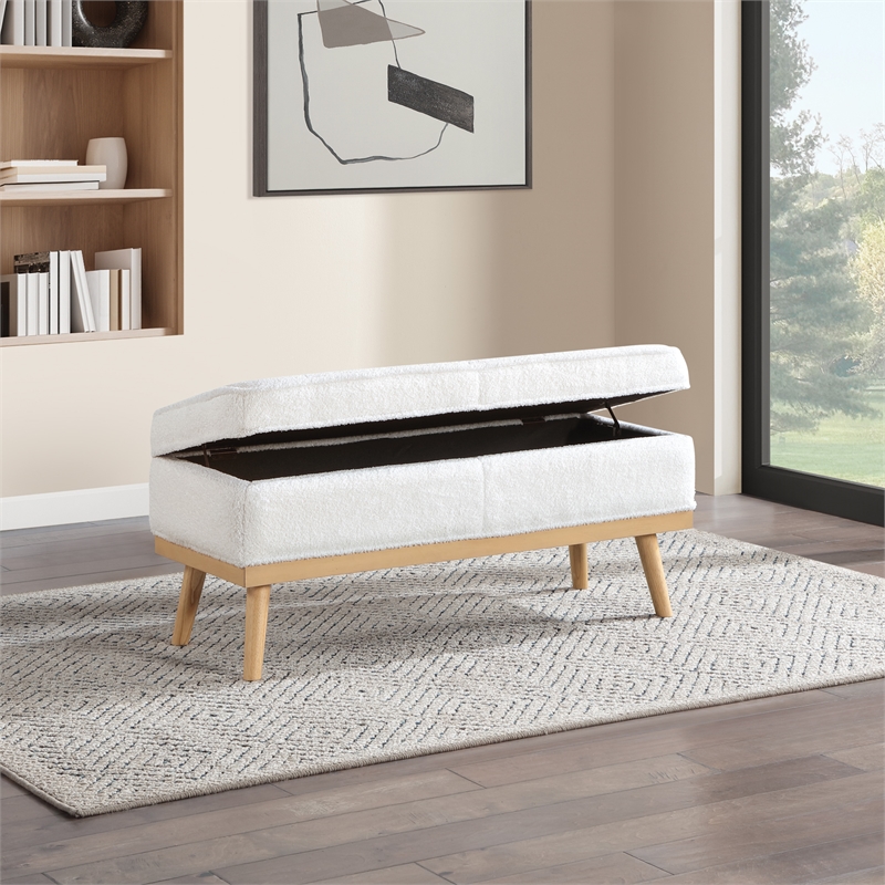 Katheryn Storage Bench in Ivory Sherpa Fabric with National Wood Legs