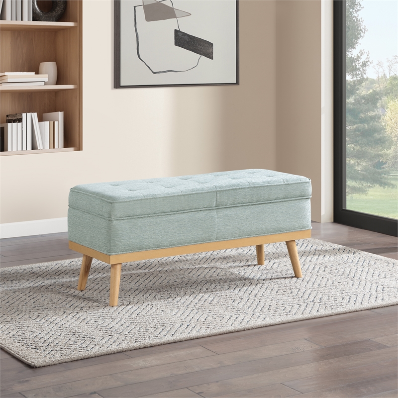 Katheryn Storage Bench in Mist Green Fabric with National Wood Legs